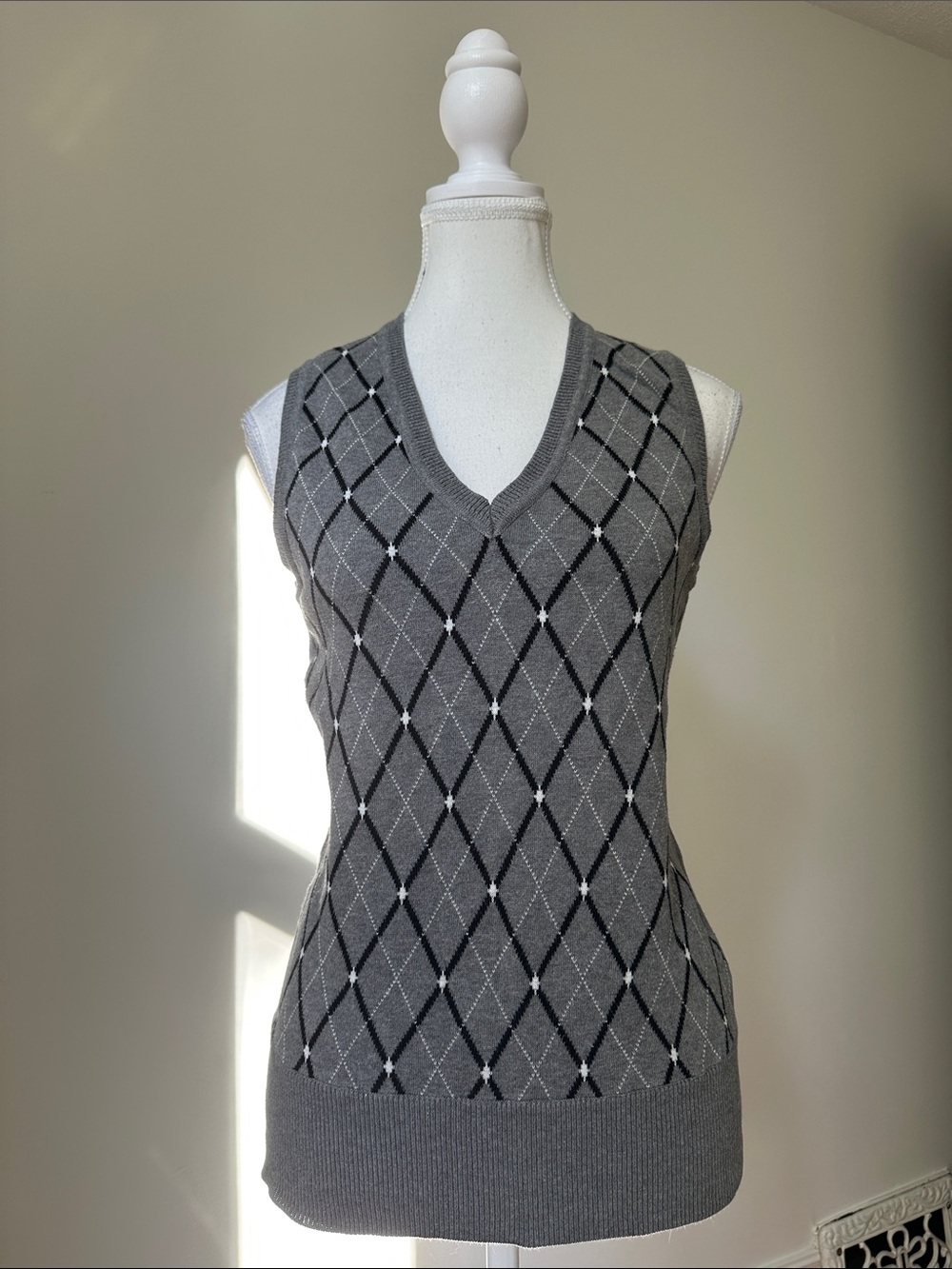 SUZY SHIER 100% Cotton Y2K Argyle Preppy‎ Academia Vneck Sweater Vest Large